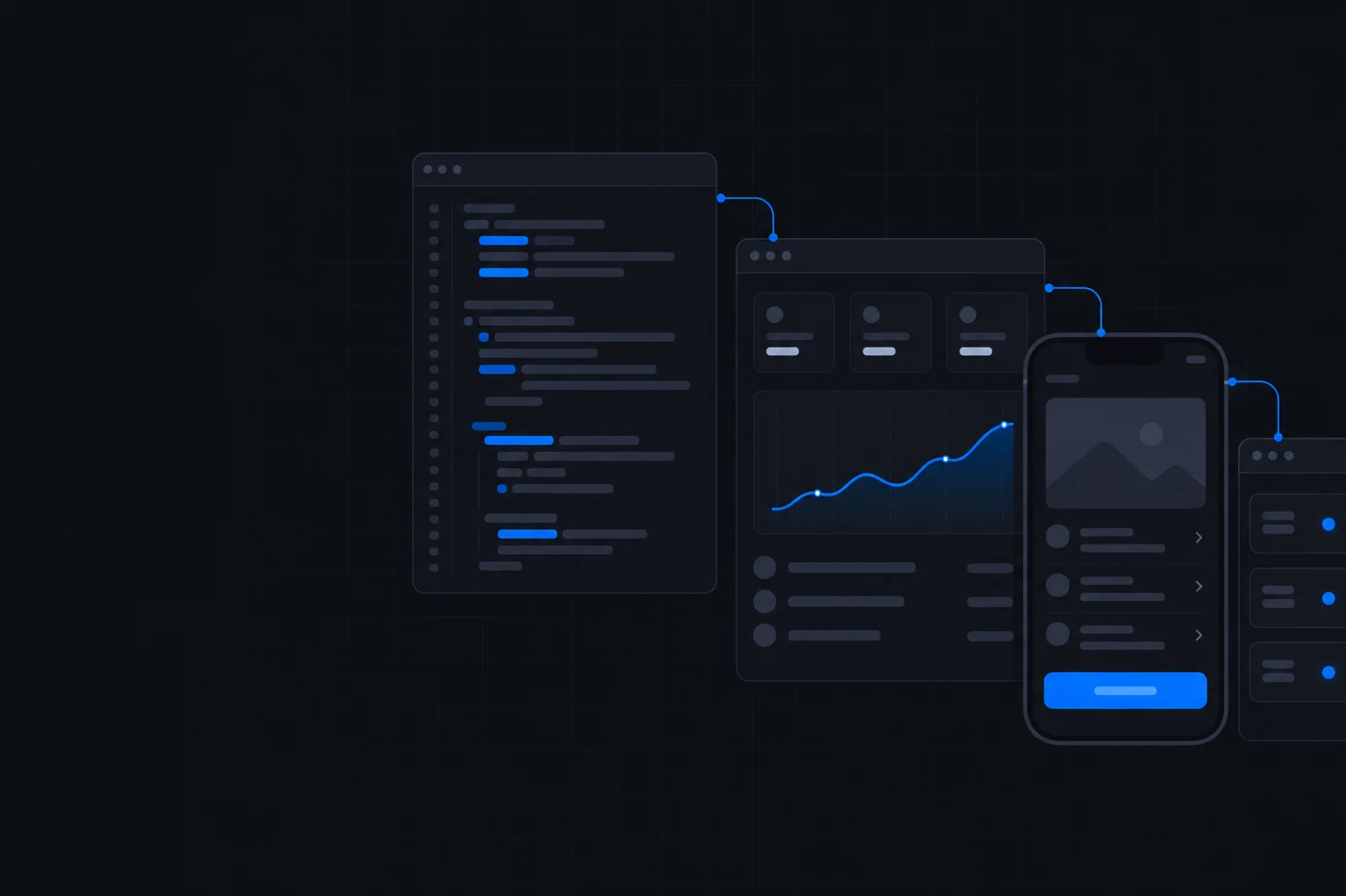 Editor de código, dashboard, app mobile e servidor ligados entre si