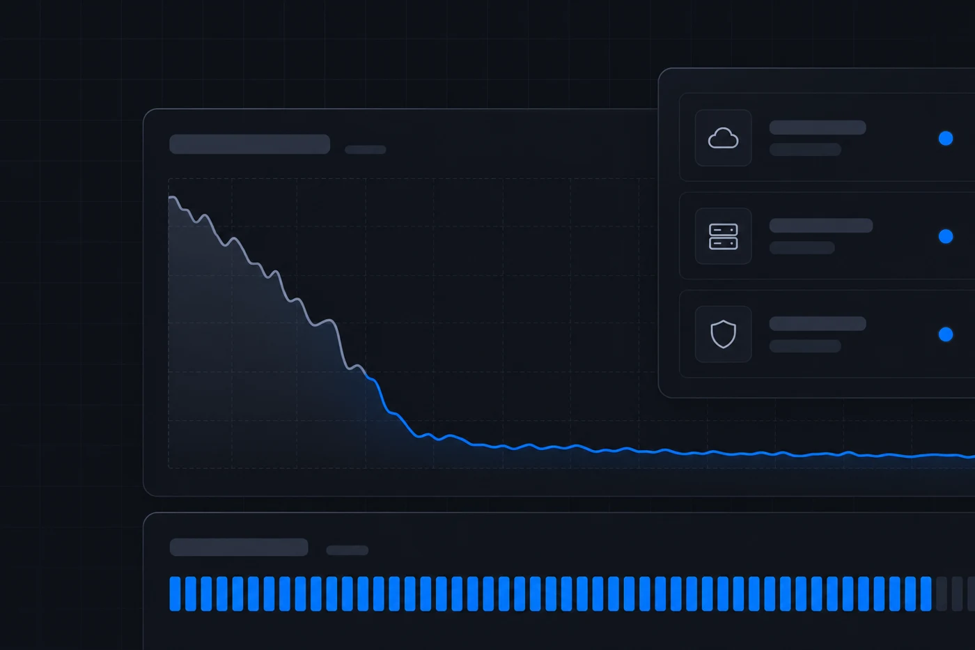 Gráfico de latência a descer com estados de cloud, servidor e segurança