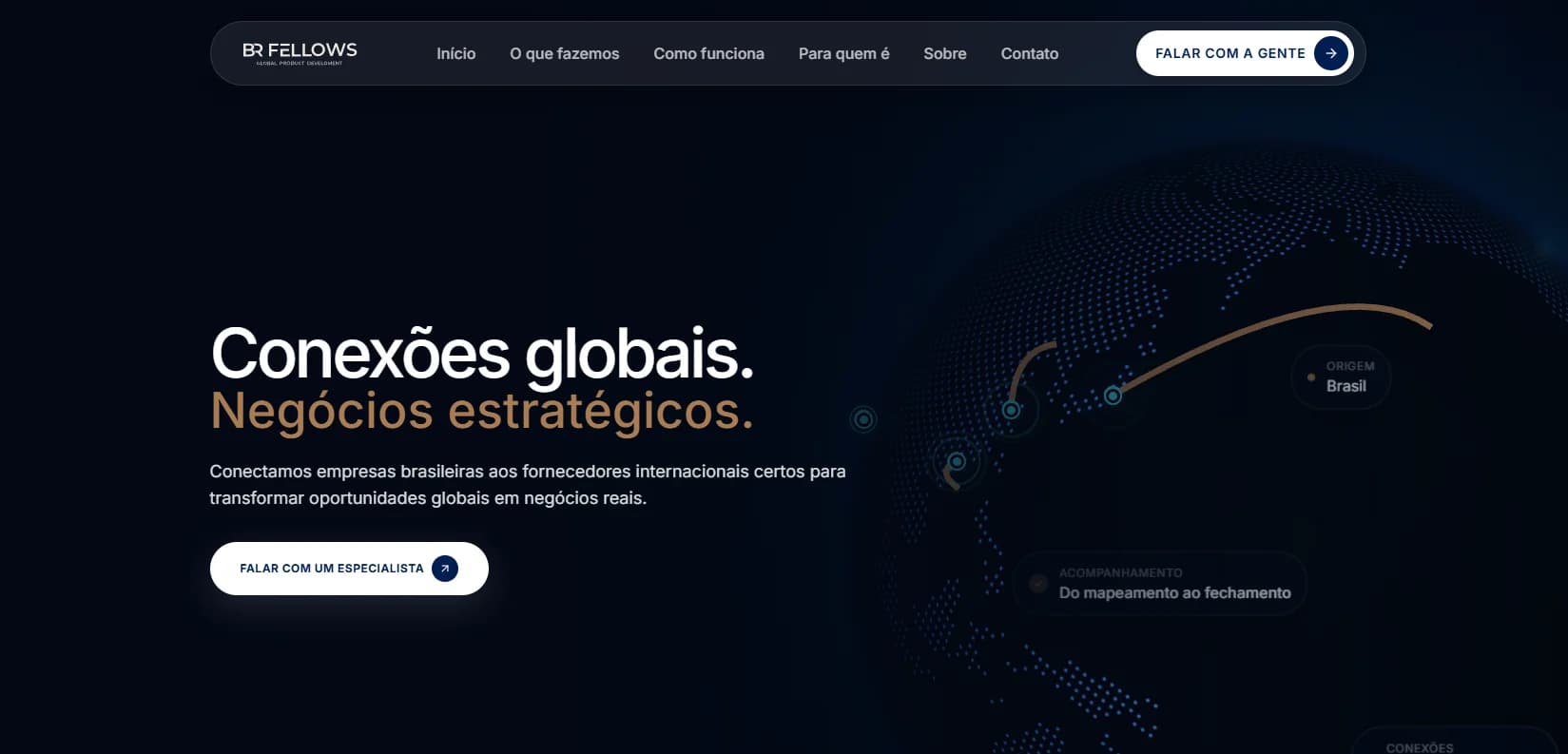 Página inicial da BR Fellows: conexões globais, negócios estratégicos, com um globo de ligações entre países