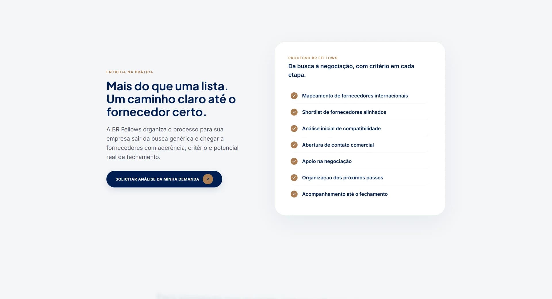 Secção "Mais do que uma lista" com as etapas do processo da BR Fellows da busca ao fecho