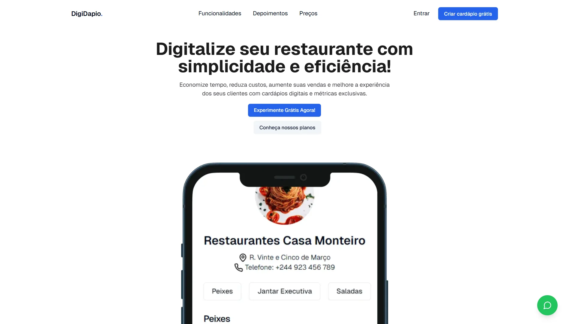 Landing page do DigiDapio com um telemóvel a mostrar o cardápio digital de um restaurante
