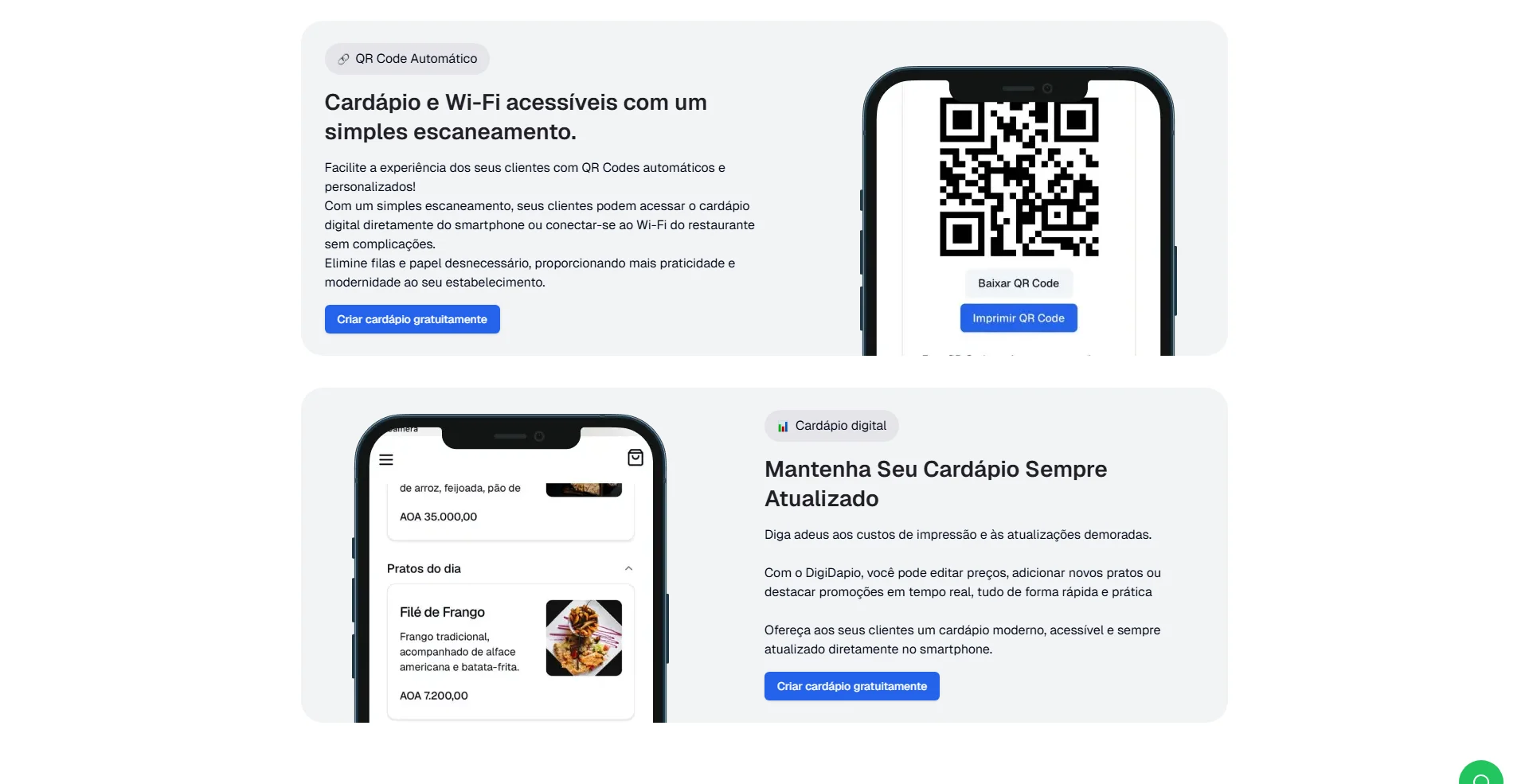 QR Code gerado para o cardápio e o Wi-Fi e cardápio digital público com pratos do dia e preços em kwanza