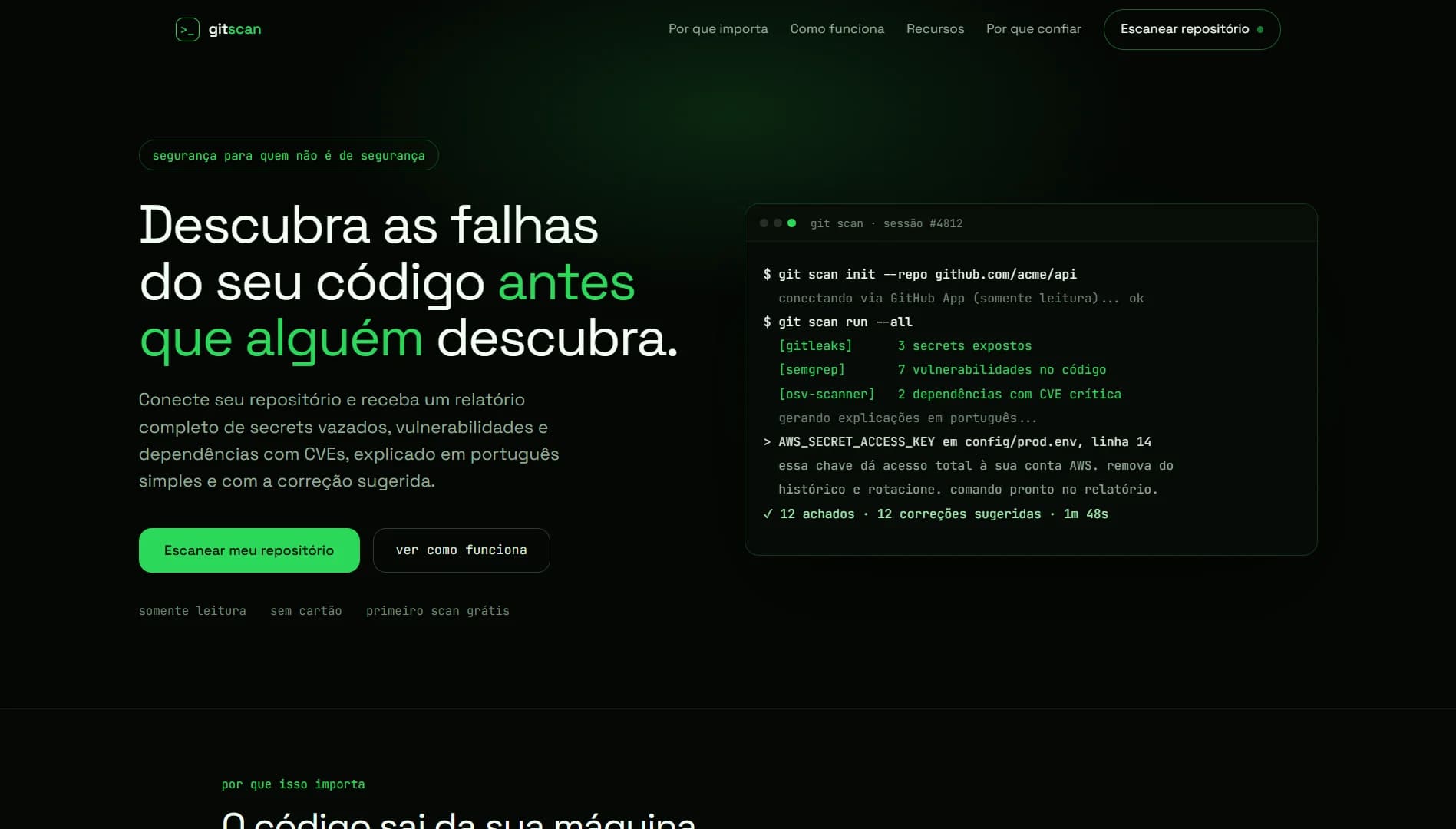 Landing page do Git Scan com terminal a mostrar secrets, vulnerabilidades e dependências encontradas num repositório