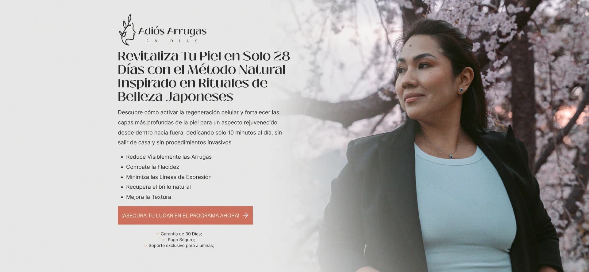 Topo da página de vendas Adiós Arrugas 28 Días com a promessa do programa e a foto da mentora