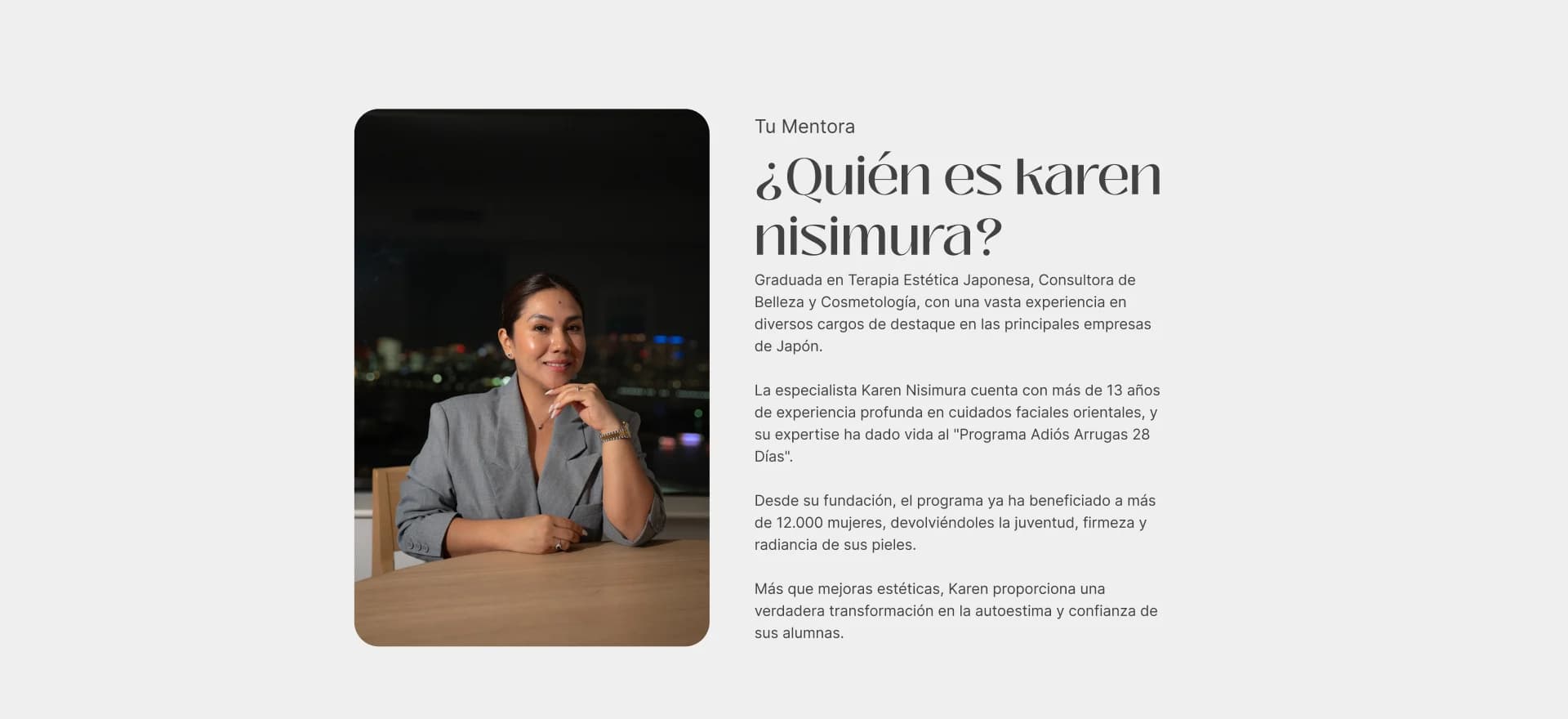Secção sobre a mentora Karen Nisimura com foto e biografia