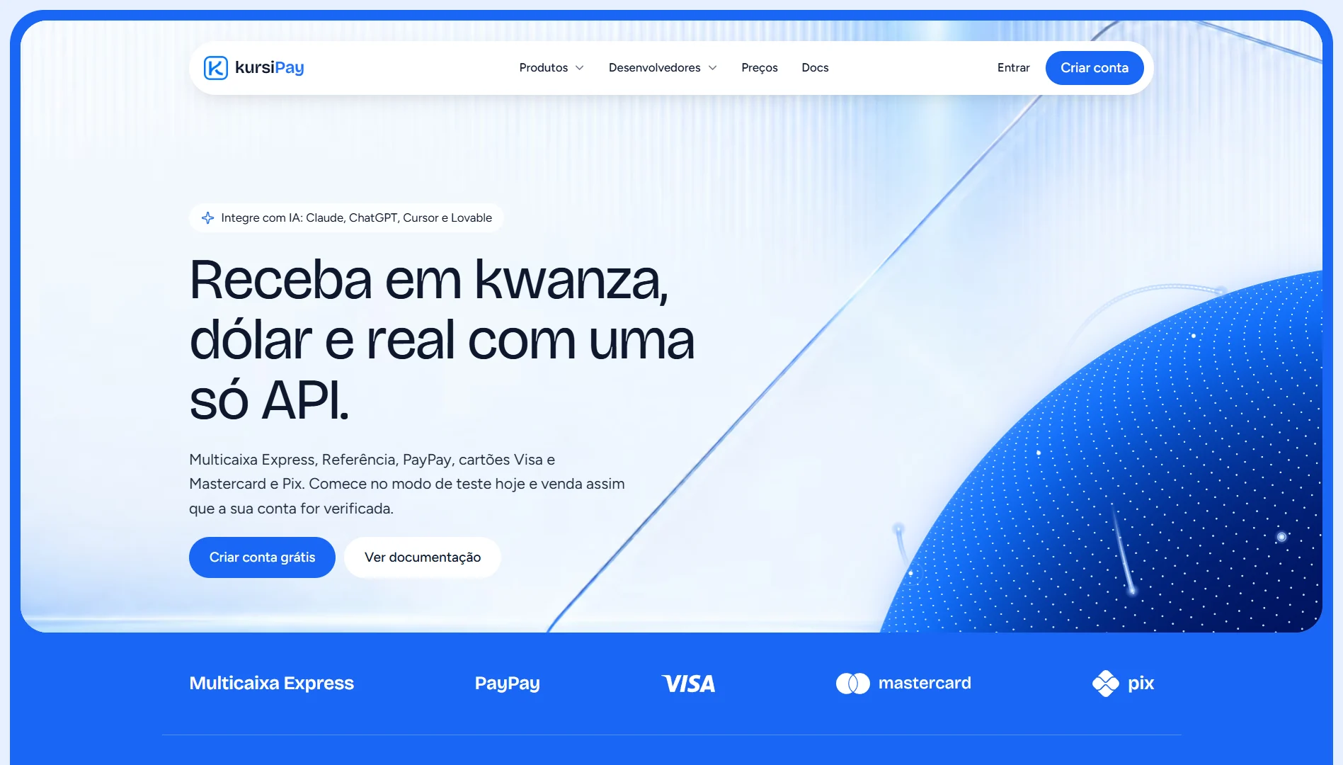 Landing page da kursiPay: receba em kwanza, dólar e real com uma só API