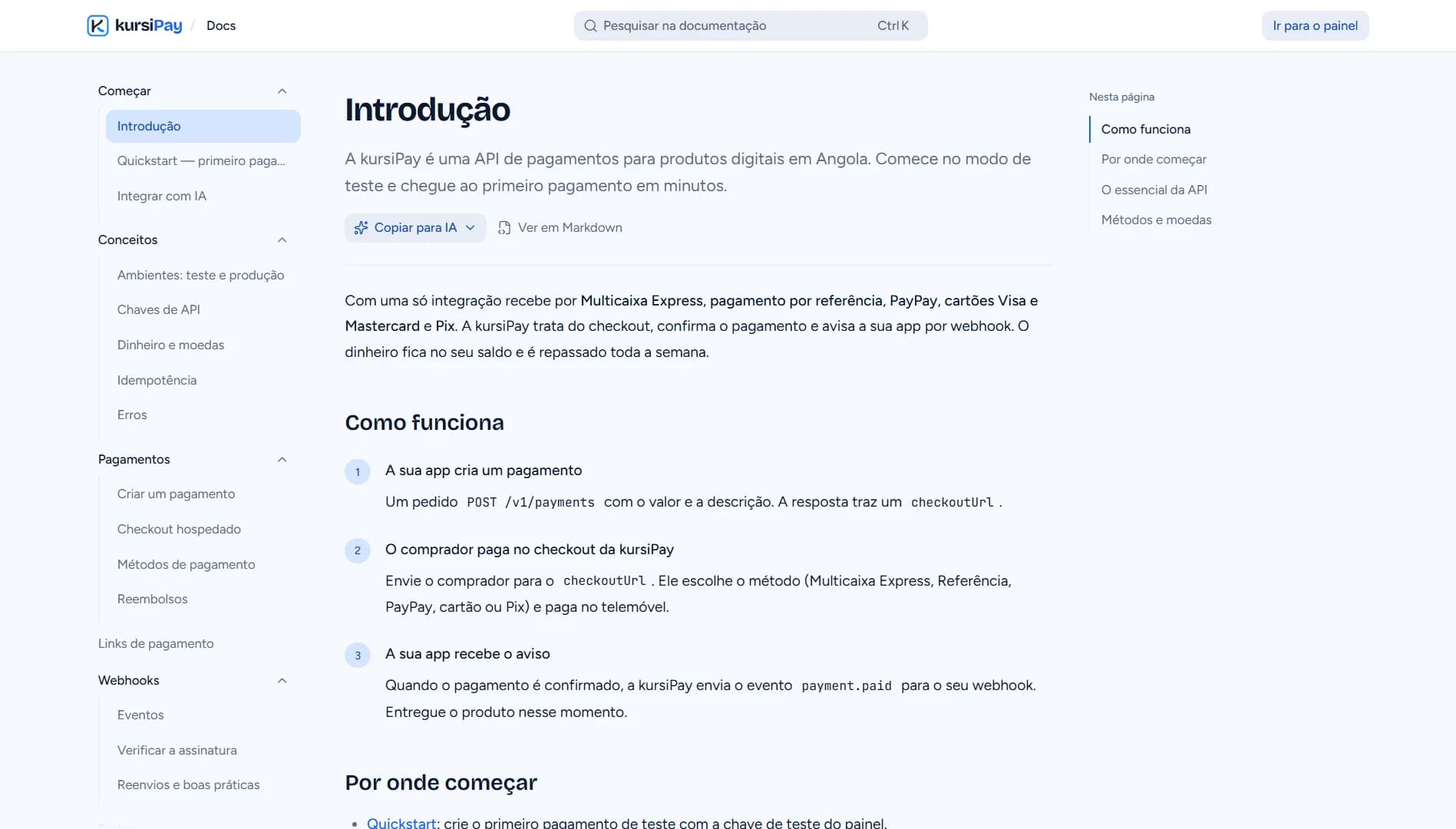 Documentação da API da kursiPay com introdução e passos de integração