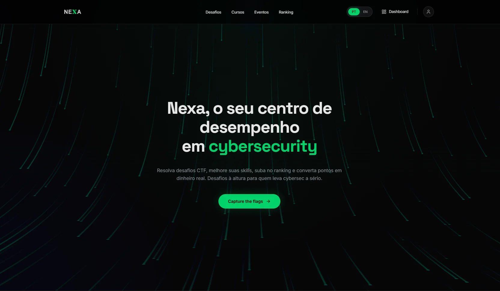 Página inicial da NexaCTF: o seu centro de desempenho em cybersecurity