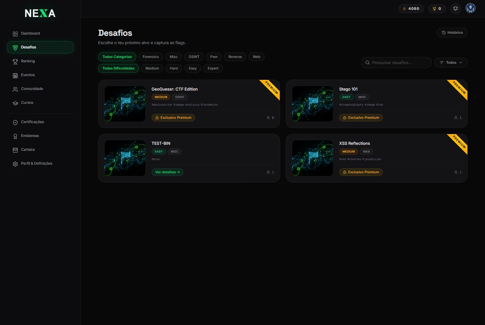 Lista de desafios CTF com filtros por categoria e dificuldade e desafios premium